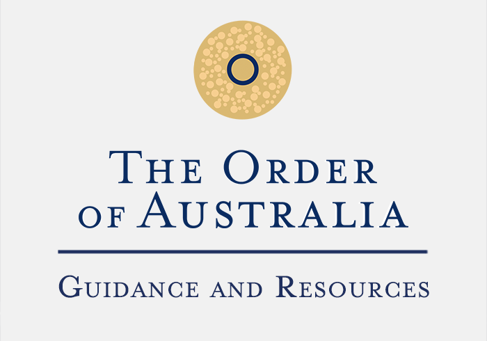 The emblem of the Order of Australia (a gold disk with blue inner ring) and the words 'The Order of Australia - guidance and resources'