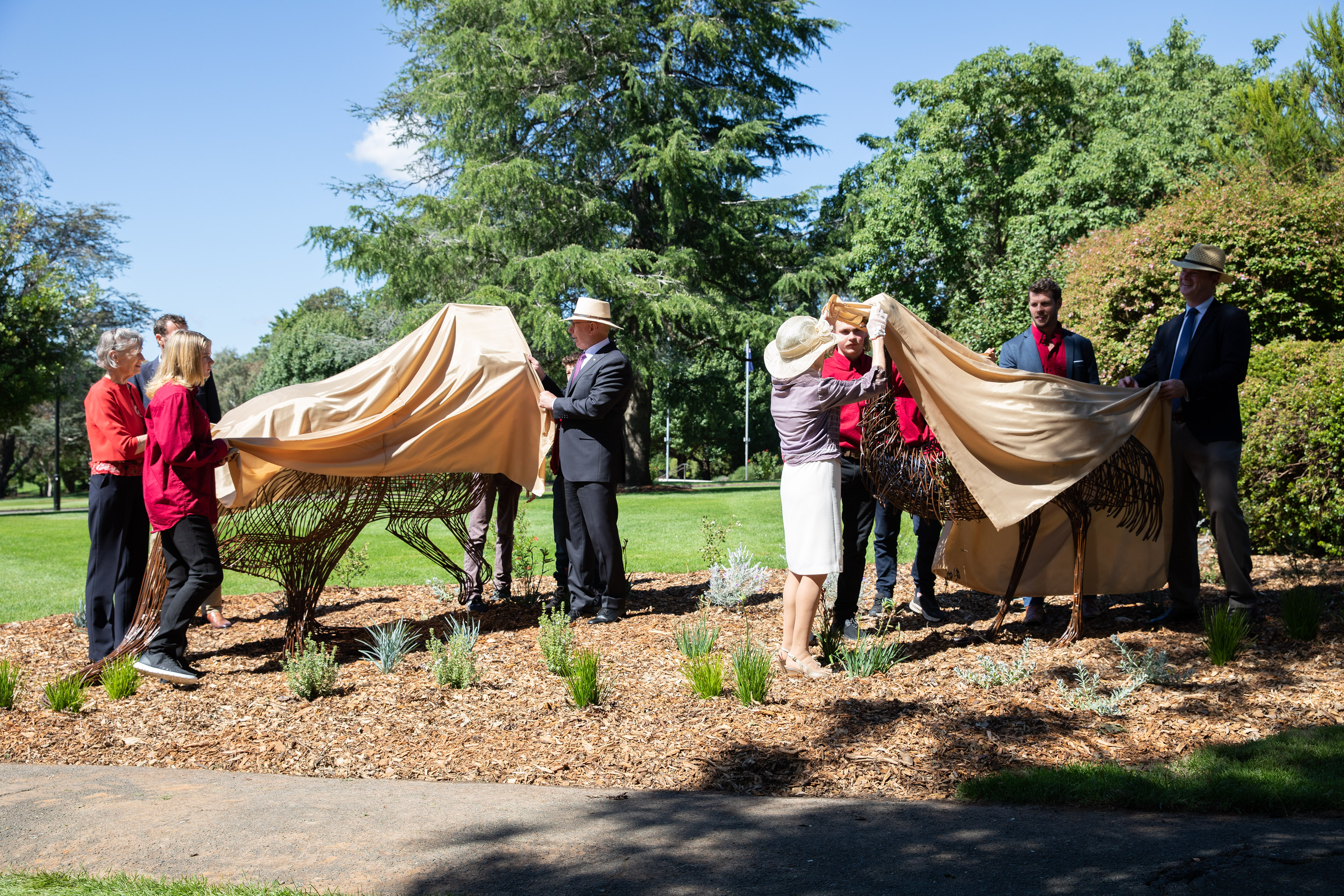 young people in red shirts and a man and a woman in business suits remove tan coverings from two metre tall statues