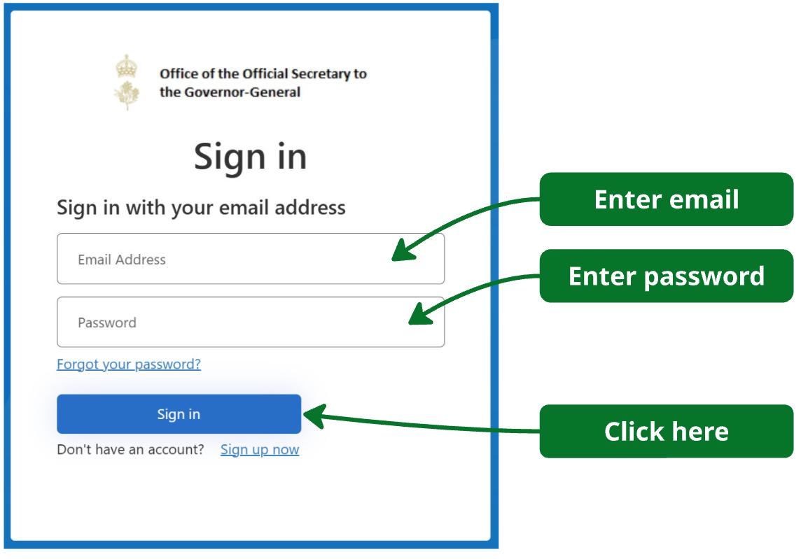 An image of the sign in page indicating the first field is the email address and the second field is the password field. The link to the forgotten password process is underneath the password field.
