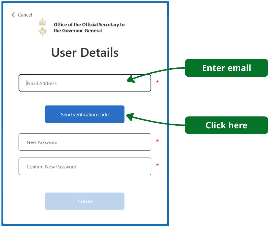 An image of the Sign Up screen with the first field highlighted to indicate the email address should be entered here. The Send verification code button below the email address field is highlighted as this should be clicked once the email address is entered.