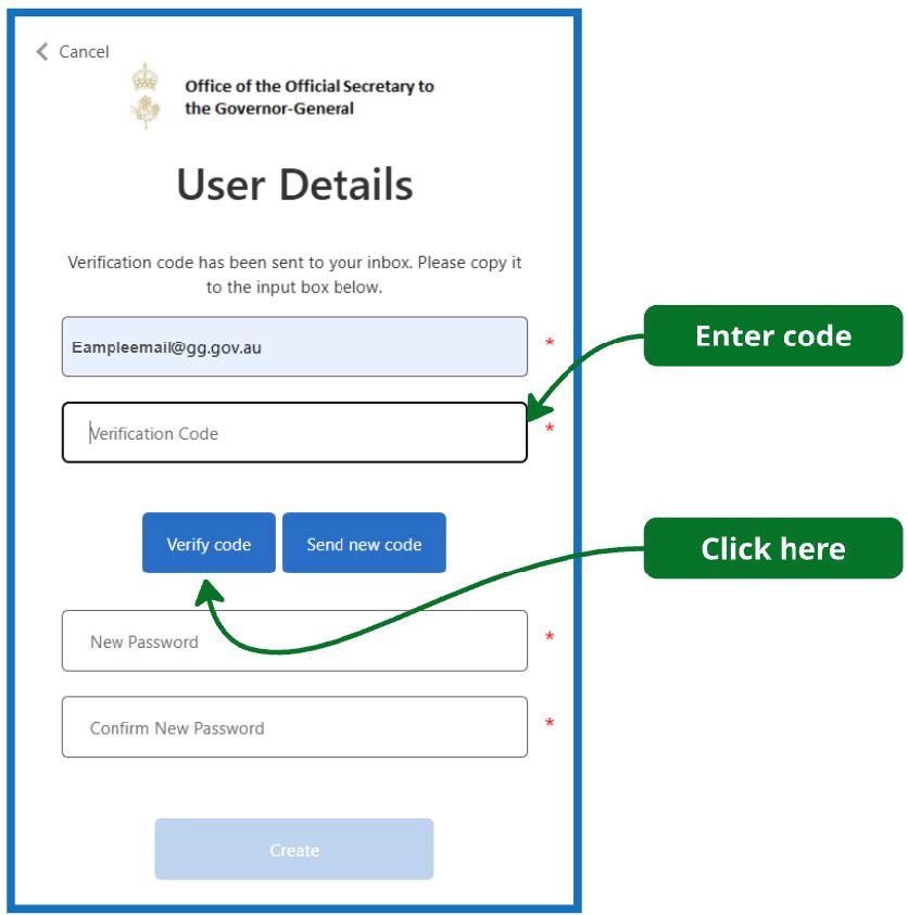 An image of the Sign Up screen with the second field highlighted to indicate the verification code should be entered here. The Verify code button below the code field is highlighted as this should be clicked once the code is entered.