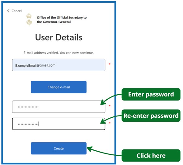 An image of the sign up page with the Password and Password confirmation fields highlighted.