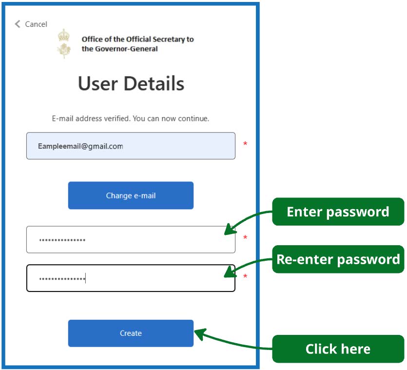 An image of the sign up page with the Password and Password confirmation fields highlighted.