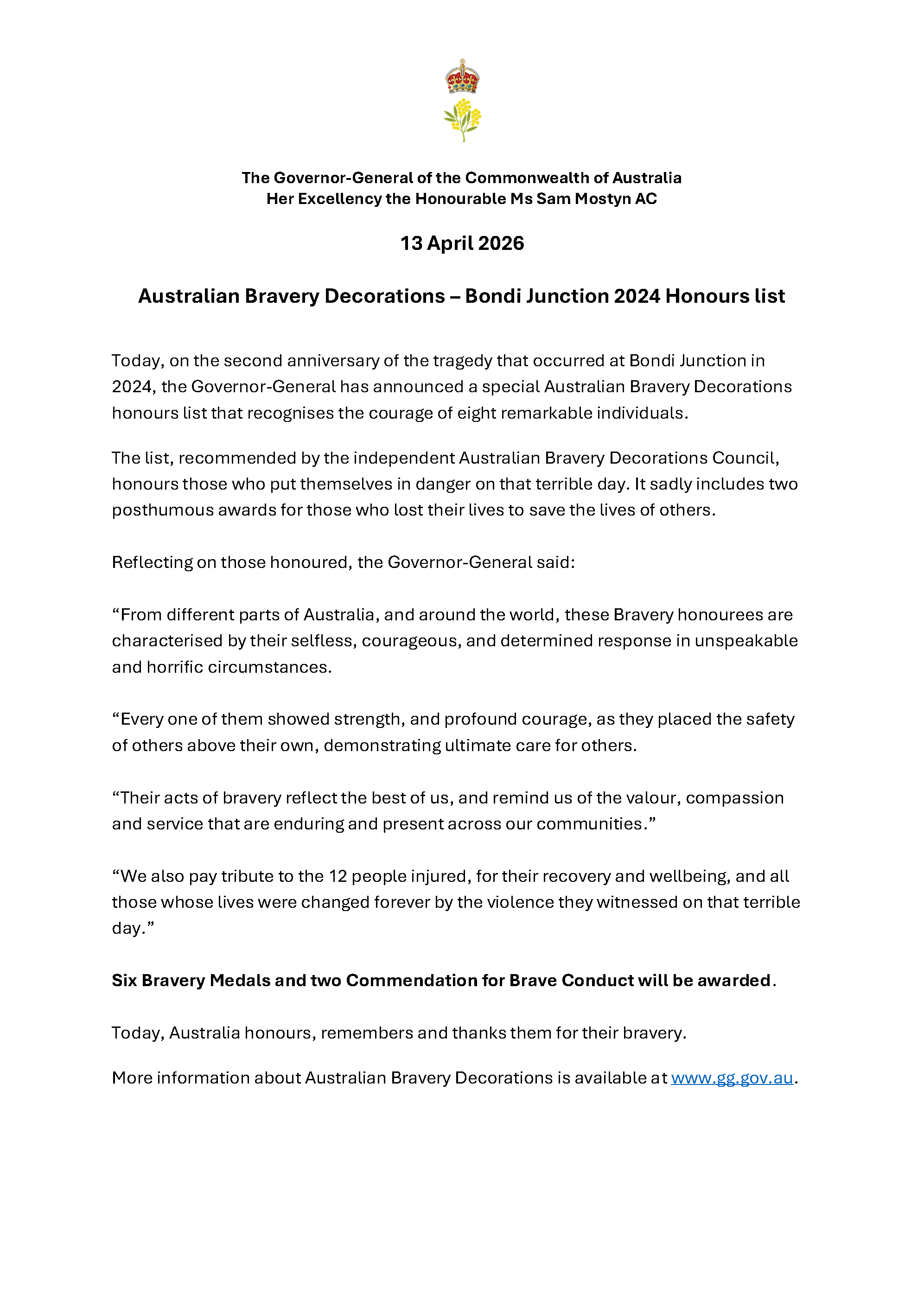 Media Release - Australian Bravery Decorations - Bondi Junction 2024 honours list