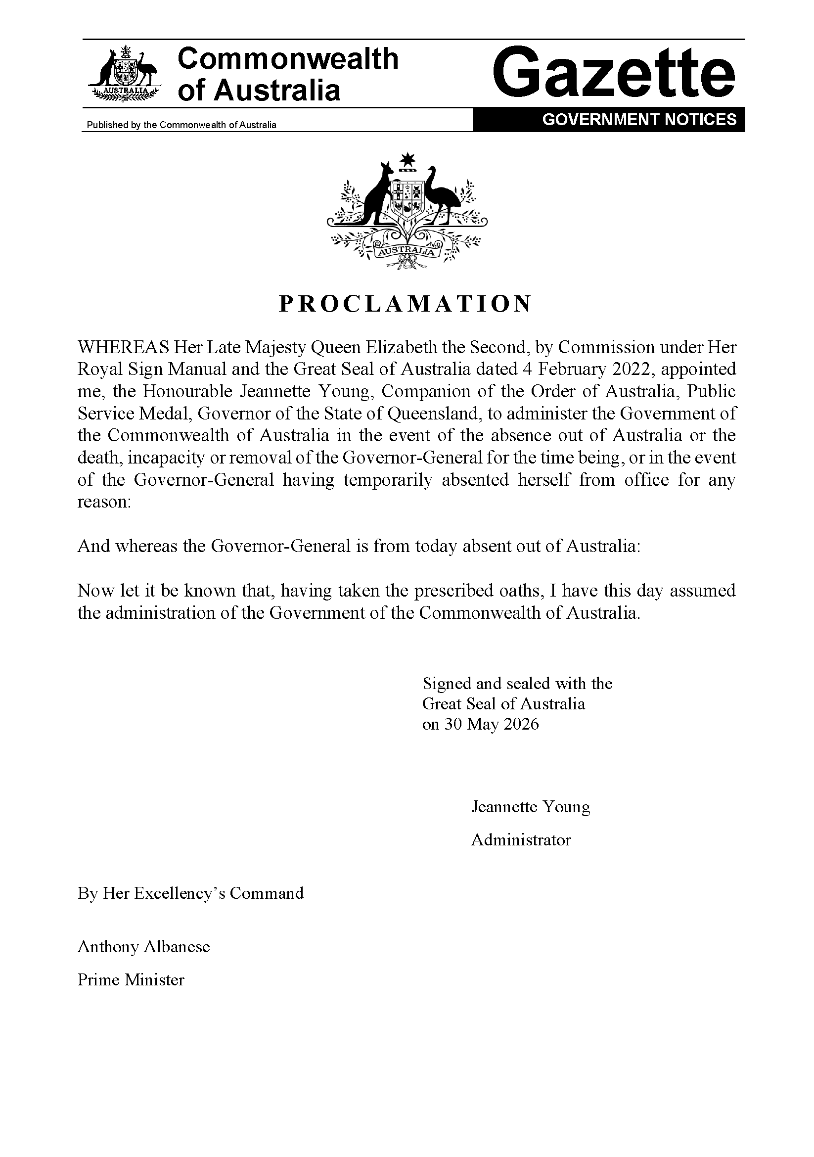 Gazette - Administrator's Proclamation 30 May 