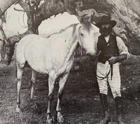 A black and white photo of a man holding the reigns of a white horse